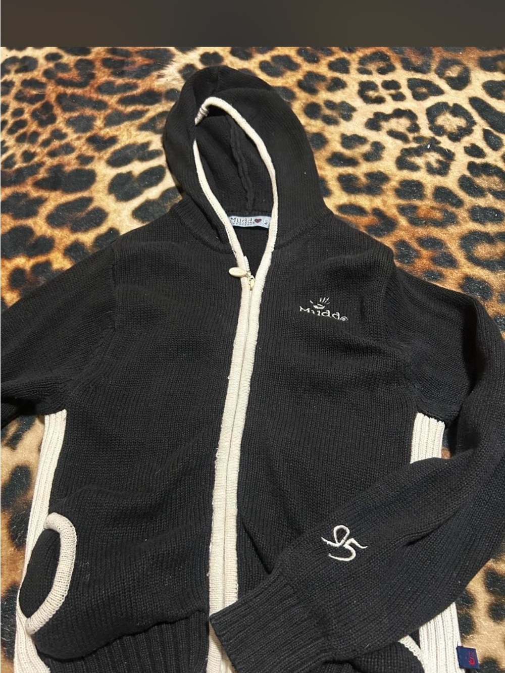 Vintage y2k Mudd Black Hooded Zip Cardigan with Cream Trim